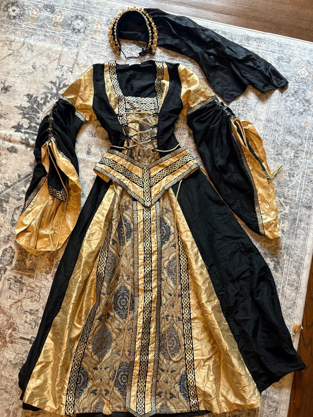 Janson Renaissance Tudor Gown Costume Black Gold French Hood M/L